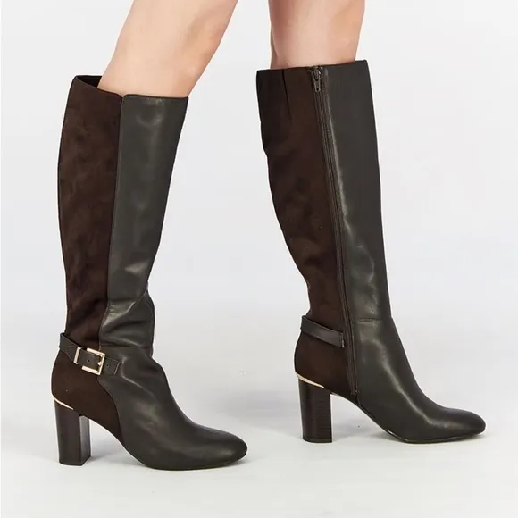 Bandolino Brown Buckle Accent Cushioned Bilya Almond Toe Block Heel Knee Boots