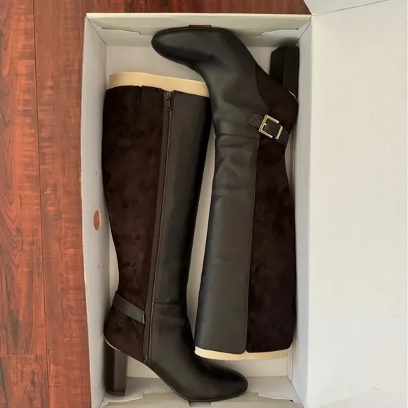 Bandolino Brown Buckle Accent Cushioned Bilya Almond Toe Block Heel Knee Boots