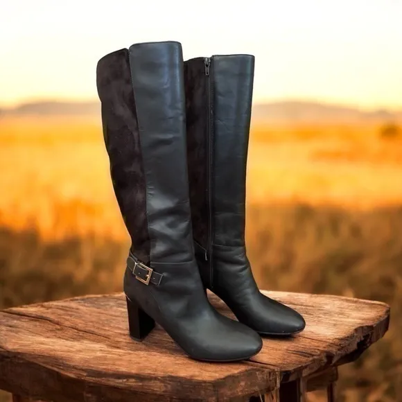 Bandolino Brown Buckle Accent Cushioned Bilya Almond Toe Block Heel Knee Boots
