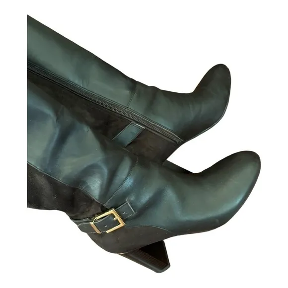 Bandolino Brown Buckle Accent Cushioned Bilya Almond Toe Block Heel Knee Boots