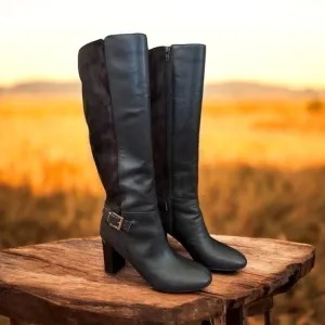 Bandolino Brown Buckle Accent Cushioned Bilya Almond Toe Block Heel Knee Boots