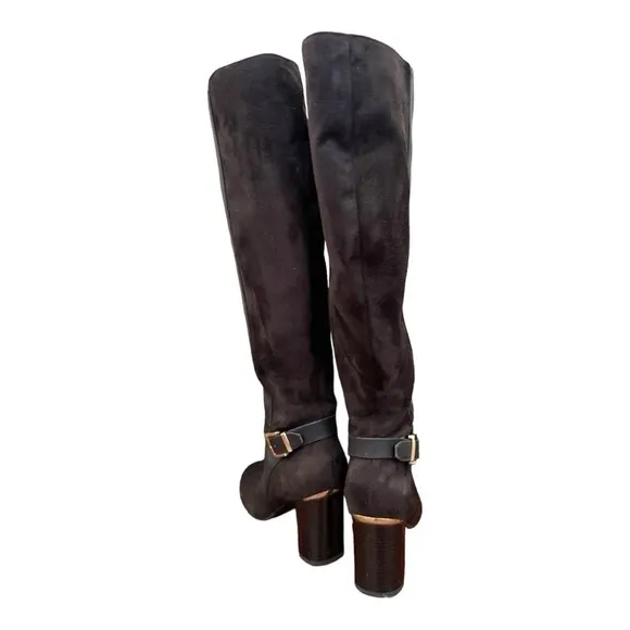 Bandolino Brown Buckle Accent Cushioned Bilya Almond Toe Block Heel Knee Boots