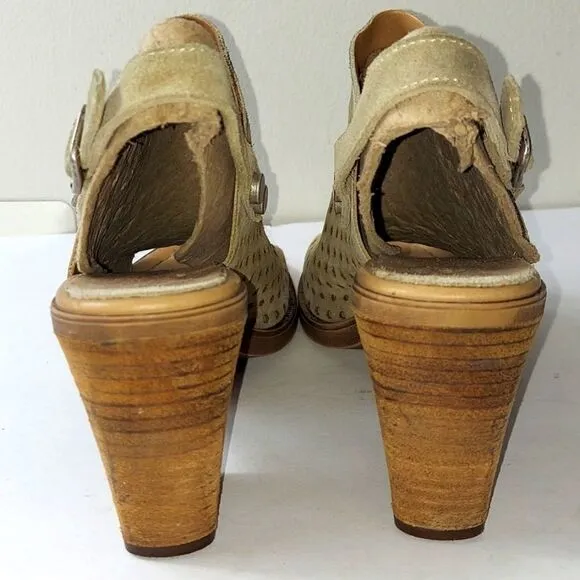 Barbara Barbieri Perforated Taupe Suede Block Heel Sandals Sz 10