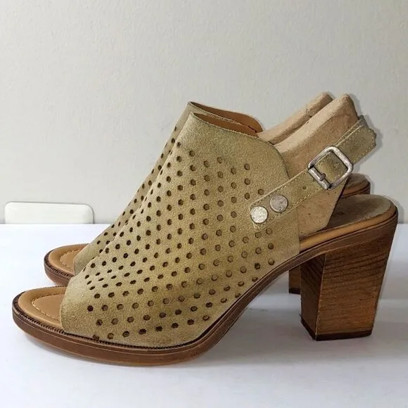 Barbara Barbieri Perforated Taupe Suede Block Heel Sandals Sz 10
