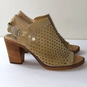 Barbara Barbieri Perforated Taupe Suede Block Heel Sandals Sz 10