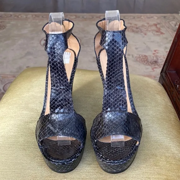 BARNEYS NY CO-OP Python snakeskin leather high heel wedge platform sandal