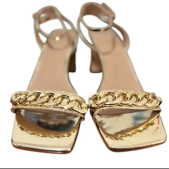 BCBGeneration Women's Finda Gold Strappy Block Heel Chain Sandals Sz 10