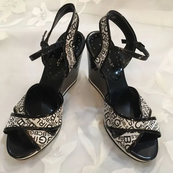 BCBG Logo Black And White Wedge Sandals