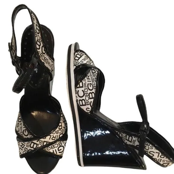 BCBG Logo Black And White Wedge Sandals
