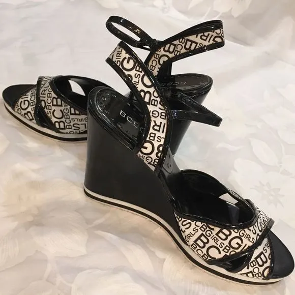 BCBG Logo Black And White Wedge Sandals