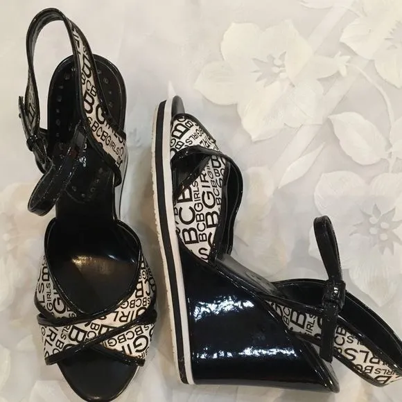 BCBG Logo Black And White Wedge Sandals