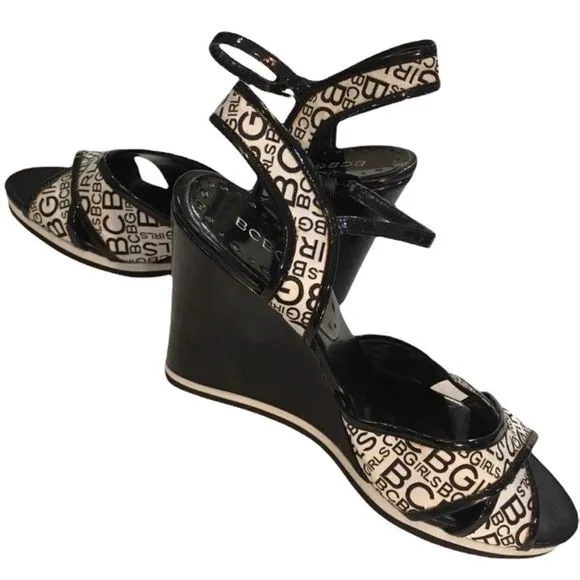 BCBG Logo Black And White Wedge Sandals