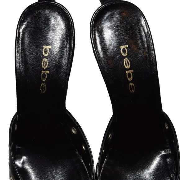BEBE CHARLOTTE NEW SZ 5 M BLACK METAL GROMMETS LEATHER SANDALS PUMPS HEELS ITALY