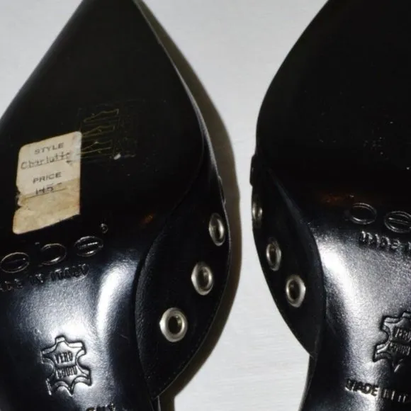 BEBE CHARLOTTE NEW SZ 5 M BLACK METAL GROMMETS LEATHER SANDALS PUMPS HEELS ITALY