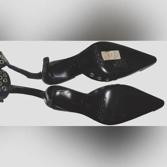 BEBE CHARLOTTE NEW SZ 5 M BLACK METAL GROMMETS LEATHER SANDALS PUMPS HEELS ITALY