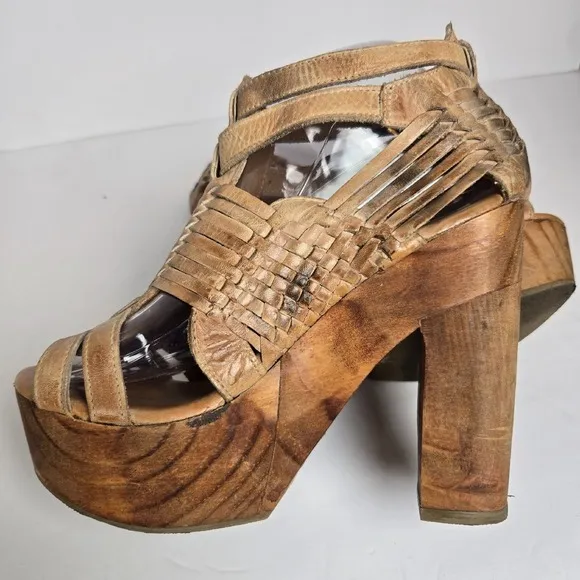 Bed Stu Size 8 Cindy Brown Distressed Leather Platform Wood Heels Boho Shoes
