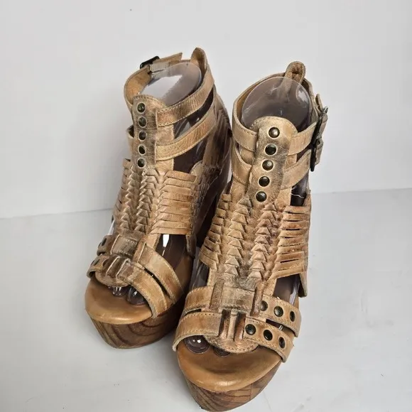 Bed Stu Size 8 Cindy Brown Distressed Leather Platform Wood Heels Boho Shoes