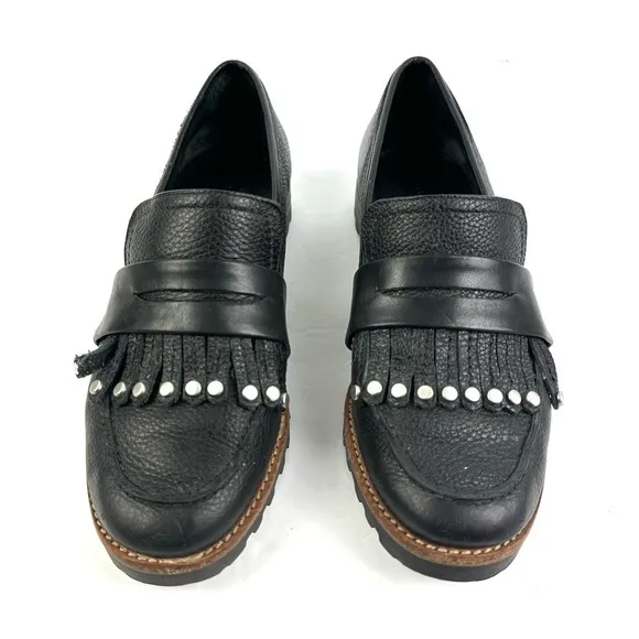 Bernardo Loafers 5 Black Leather Kiltie Fringe Studs Silver Leather Shoes Womens
