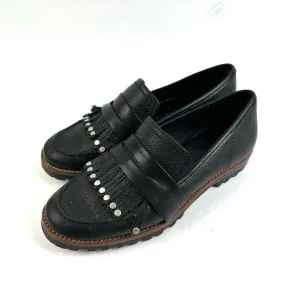 Bernardo Loafers 5 Black Leather Kiltie Fringe Studs Silver Leather Shoes Womens
