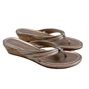 BERNARDO‎ Miami Leather Platinum Metallic Tong Cork Wedge Sandals