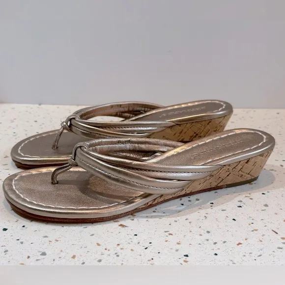 BERNARDO‎ Miami Leather Platinum Metallic Tong Cork Wedge Sandals