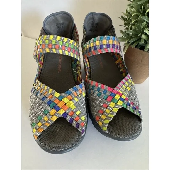 Bernie Mev Women's Hallie Wedge Pumps Multi color Elastic Shoes Size 38 Peep Toe