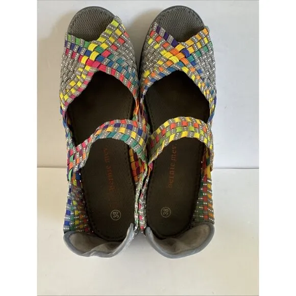 Bernie Mev Women's Hallie Wedge Pumps Multi color Elastic Shoes Size 38 Peep Toe