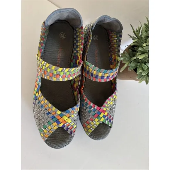 Bernie Mev Women's Hallie Wedge Pumps Multi color Elastic Shoes Size 38 Peep Toe
