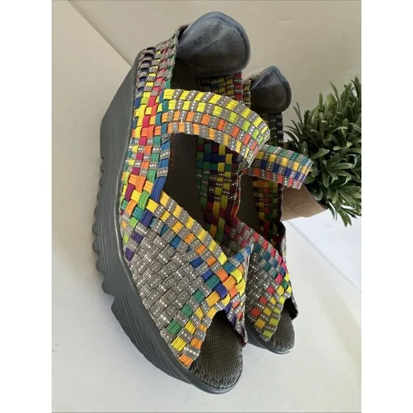 Bernie Mev Women's Hallie Wedge Pumps Multi color Elastic Shoes Size 38 Peep Toe