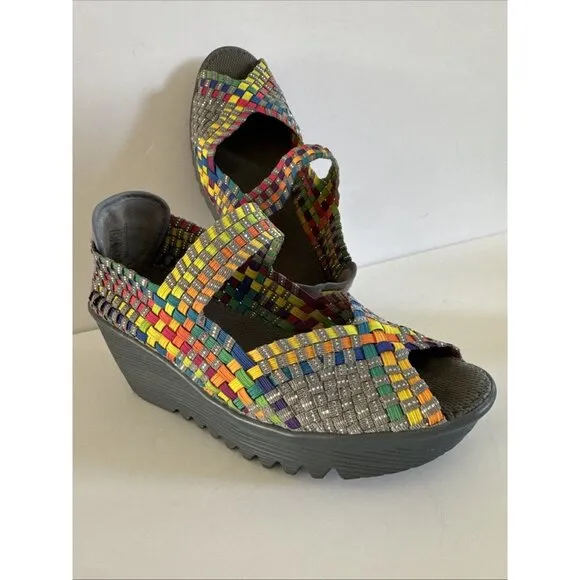 Bernie Mev Women's Hallie Wedge Pumps Multi color Elastic Shoes Size 38 Peep Toe