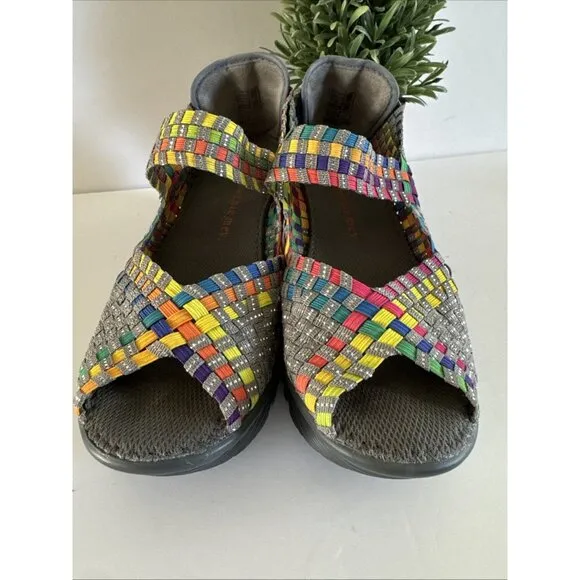 Bernie Mev Women's Hallie Wedge Pumps Multi color Elastic Shoes Size 38 Peep Toe