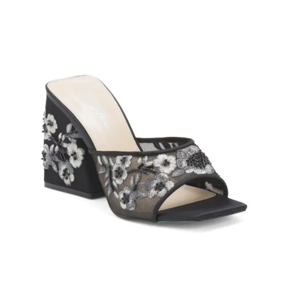BETSEY JOHNSON Black Roo Heeled Sandals With Floral Embroidery