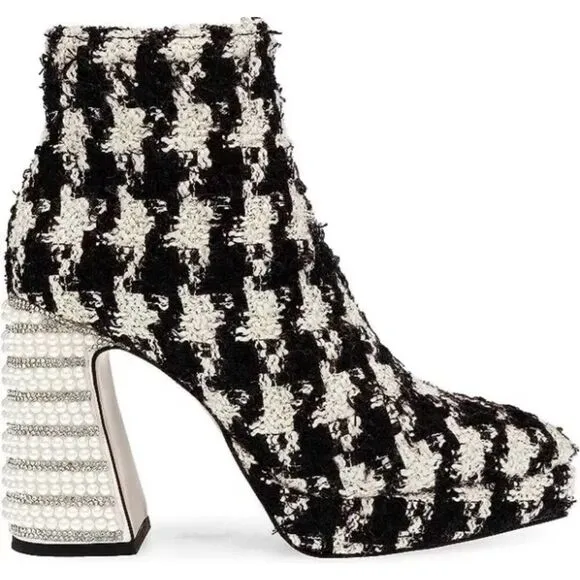 Betsey Johnson Houndstooth Boots Size 5 Black White Embellished Block Heel NEW