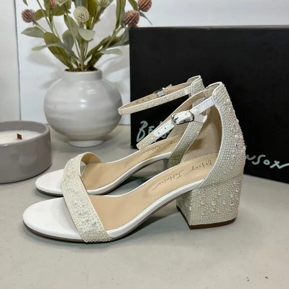 Betsey Johnson SB-Mari Block Heel Sandals Rhinestone Pearl White Women's 6.5M