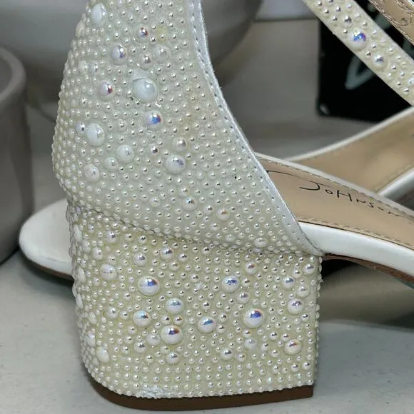 Betsey Johnson SB-Mari Block Heel Sandals Rhinestone Pearl White Women's 6.5M