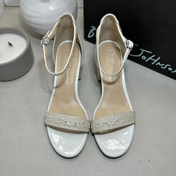 Betsey Johnson SB-Mari Block Heel Sandals Rhinestone Pearl White Women's 6.5M