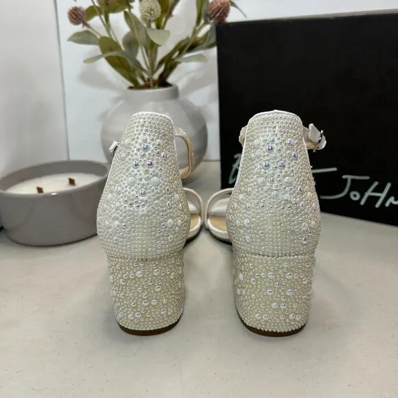 Betsey Johnson SB-Mari Block Heel Sandals Rhinestone Pearl White Women's 6.5M