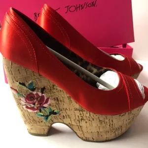 Betsey Johnson shoes red rose wedge heels sandals floral pinup doll rockabilly