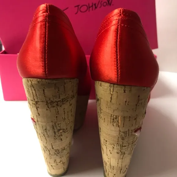 Betsey Johnson shoes red rose wedge heels sandals floral pinup doll rockabilly