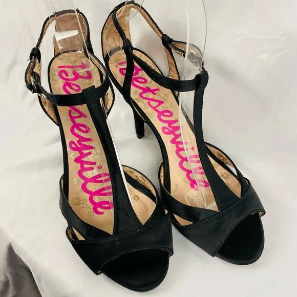 Betseyville Betsey Johnson Black Coated Fabric T-Strap Heel Sandals Size 8