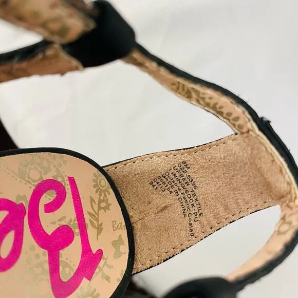 Betseyville Betsey Johnson Black Coated Fabric T-Strap Heel Sandals Size 8