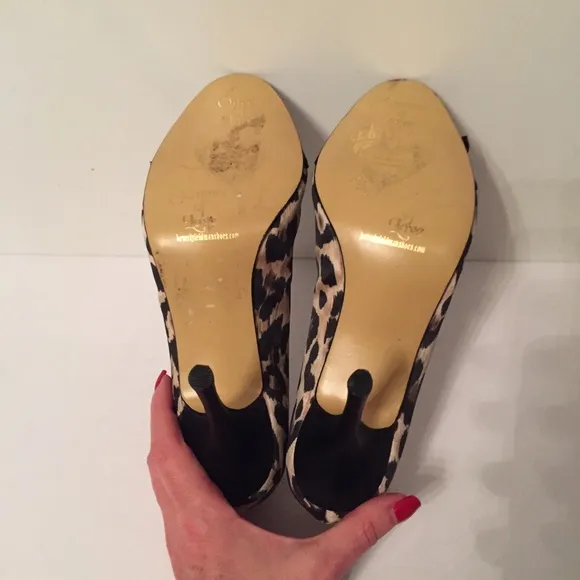 BEVERLY FELDMAN SHOES HEELS PEEP-TOE BLACK TAN ANIMAL PRINT BLING Size 7.5 M