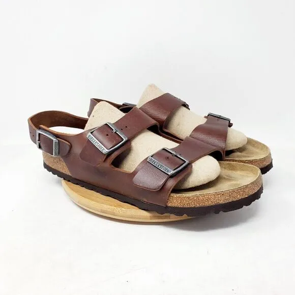 Birkenstock Milano Sandals 44 Mens 11 Brown Leather Slide Heel Strap Buckle Shoe