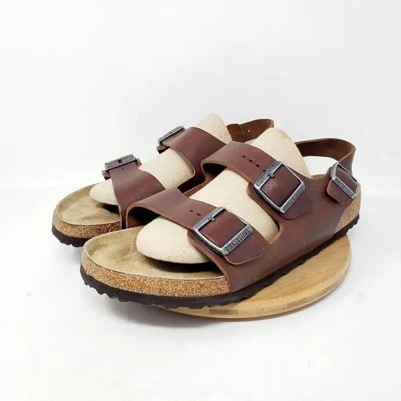 Birkenstock Milano Sandals 44 Mens 11 Brown Leather Slide Heel Strap Buckle Shoe