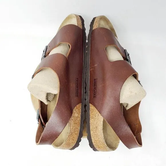 Birkenstock Milano Sandals 44 Mens 11 Brown Leather Slide Heel Strap Buckle Shoe