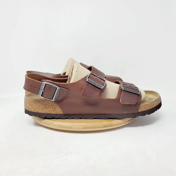 Birkenstock Milano Sandals 44 Mens 11 Brown Leather Slide Heel Strap Buckle Shoe