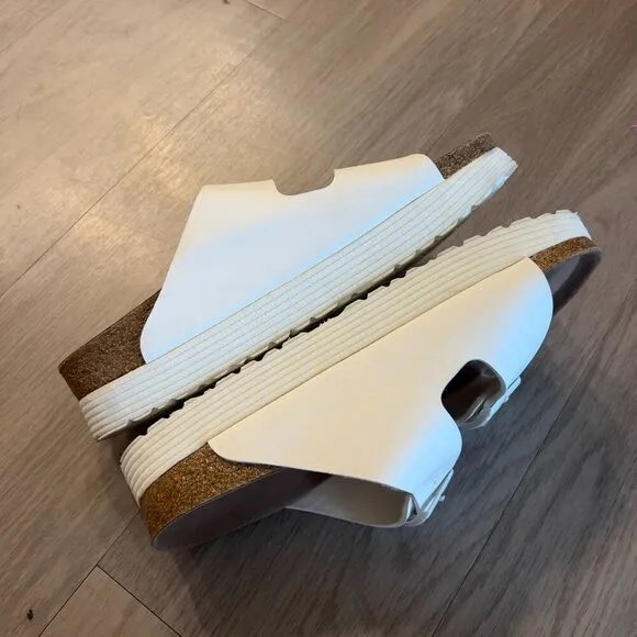 BIRKENSTOCK PAPILLIO ARIZONA-GROOVED PLATFORMS SLIDE SANDALS WHITE WEDGE
