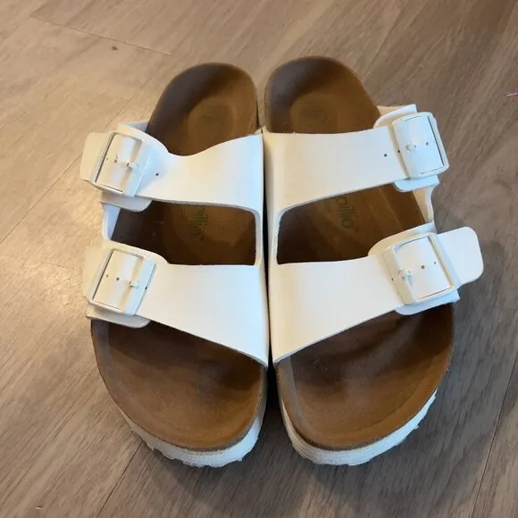 BIRKENSTOCK PAPILLIO ARIZONA-GROOVED PLATFORMS SLIDE SANDALS WHITE WEDGE