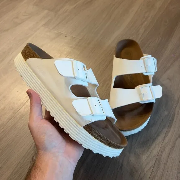 BIRKENSTOCK PAPILLIO ARIZONA-GROOVED PLATFORMS SLIDE SANDALS WHITE WEDGE