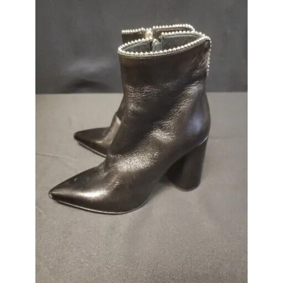 Black Leather Studded Cuff Block Heel Bootie Boots MA&amp;LO 37 US 6.5 NWOT